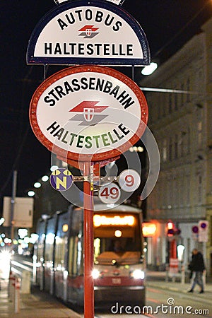 Tram stop and bus stop in Vienna by night Editorial Stock Photo